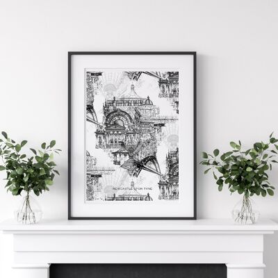 Newcastle Upon Tyne Illustrated Print Grey A3 (Mount 16’’x20’’)