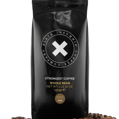 Ganze Bohnen, Kaffee aus ganzen Bohnen, Kaffeebohnen CLASSIC Flavor von Black Insomnia, 453 g, starker Kaffee, extremes Koffein