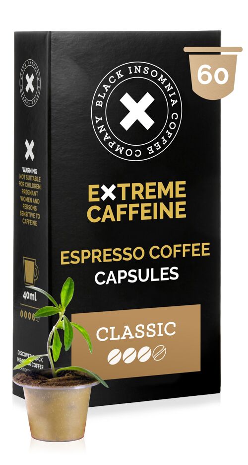 Nespresso© Compatible Pods CLASSIC Flavour by Black Insomnia, 60 pods à 5g, Strong Coffee, Extreme Caffeine