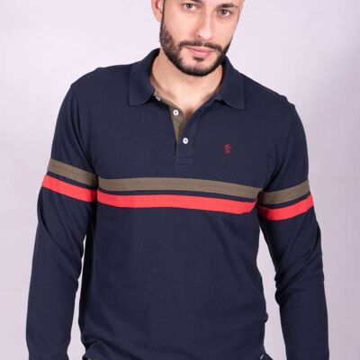 Marineblaues, dreifarbiges Piqué-Poloshirt