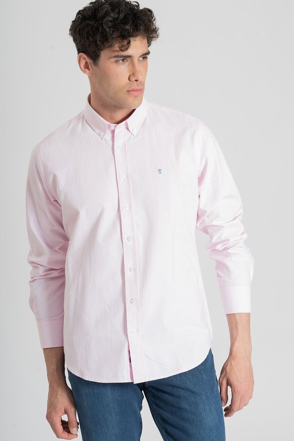 Camicia a pois bianchi rosa