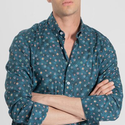 Chemise bleue à fleurs