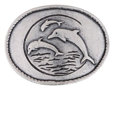 Belt buckle dolphin family oval silver