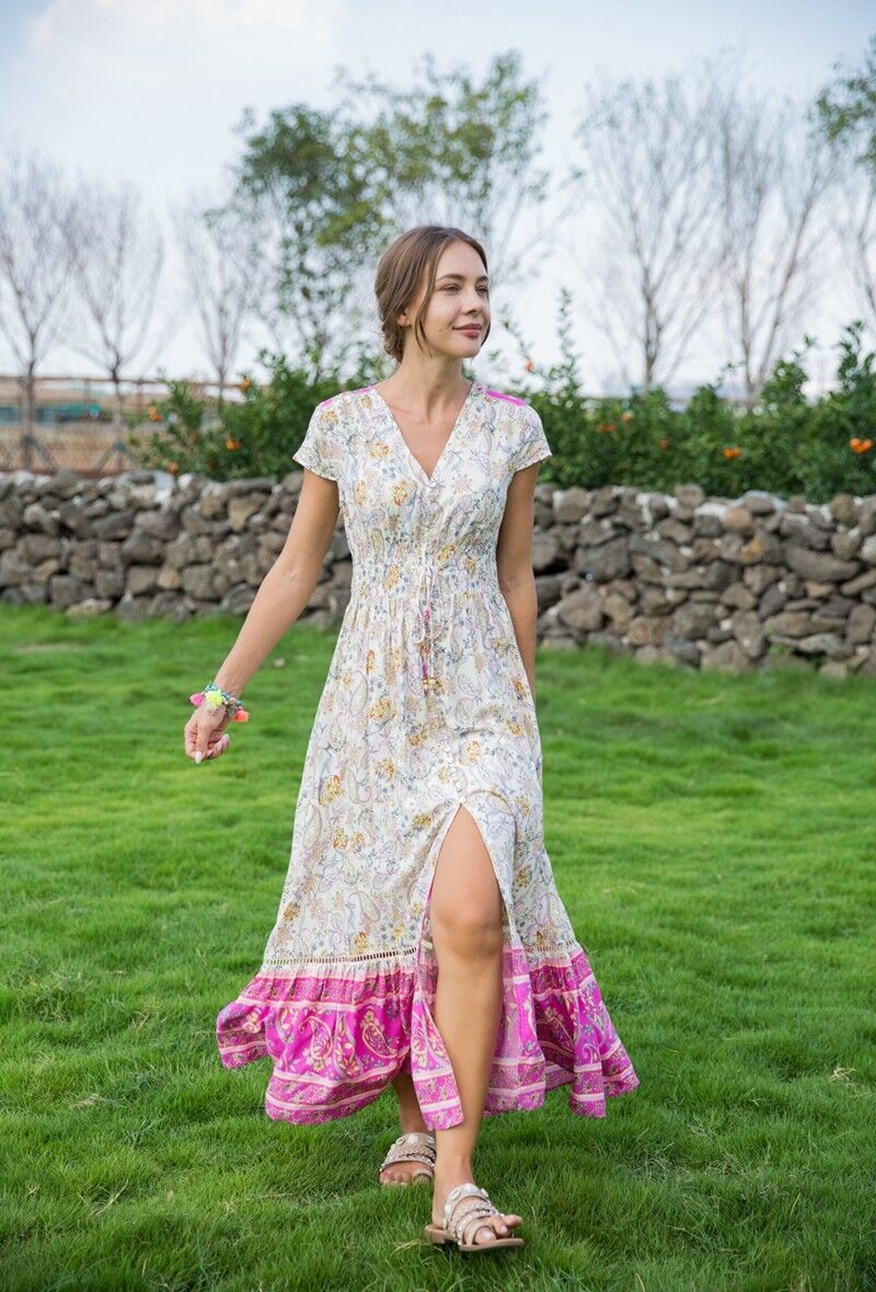 Abito lungo con bottoni davanti stampa bohémien