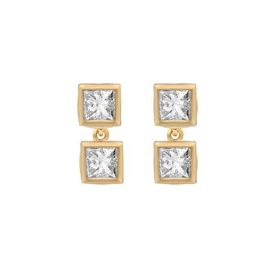 Aretes colgantes dobles de diamantes de talla princesa Pegasus / 14k amarillo