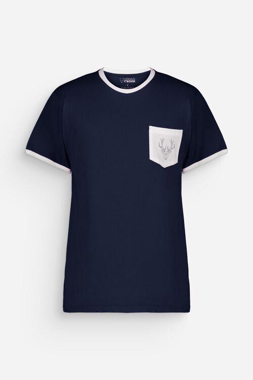 T-shirt Poche Homme Cerf Polygone Bleu Marine Blanc