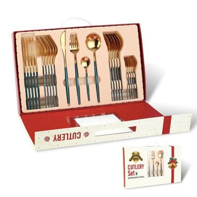 24pcs Stainless Steel Cutlery Set (Christmas Gift Box) - Green Gold 24PCS / sku319