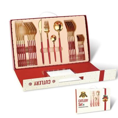 24pcs Stainless Steel Cutlery Set (Christmas Gift Box) - Red Gold 24PCS / sku321