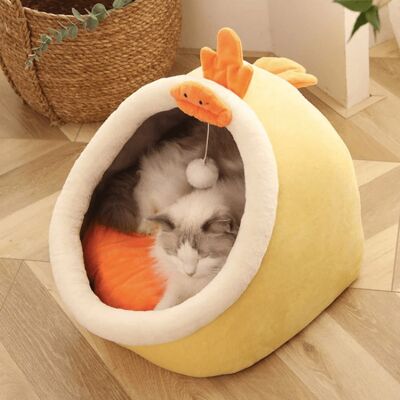 Cozy Cute Cat Bed - S (31X30X28cm) - Chicken (Yellow) / sku873