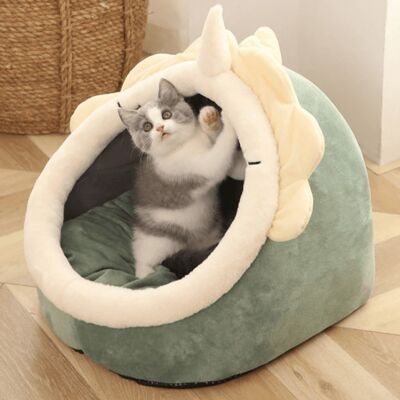 Cozy Cute Cat Bed - M (40X40X32cm) - Dinosaur (Green) / sku880