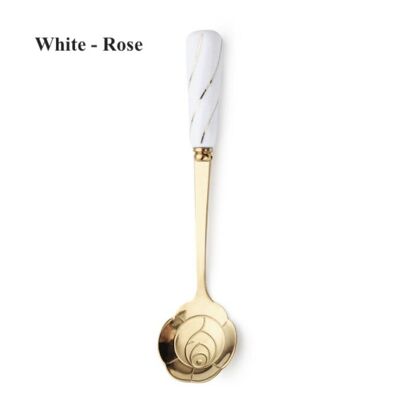 Ceramic Handle Stainless Steel Dessert Spoon - White - Rose / sku969