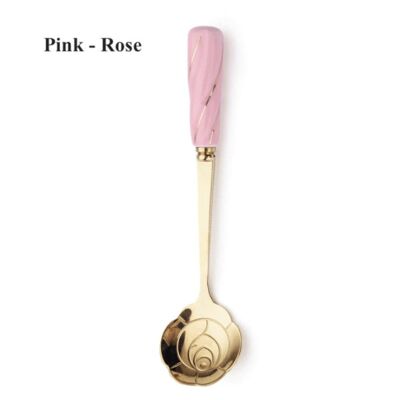 Ceramic Handle Stainless Steel Dessert Spoon - Pink - Rose / sku971