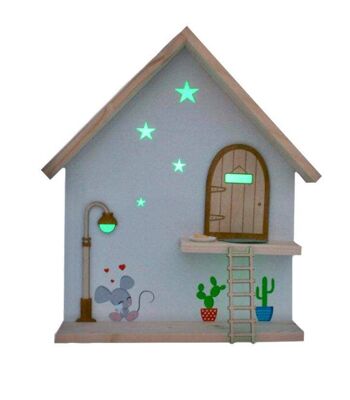 Kit souris Pérez Maison en bois Fait à la main. Brillez dans l'obscurité. Porte, lampadaire et échelle en bois à peindre et personnaliser+Tapis+Plaque+Quesito+étoiles lumineuses 1