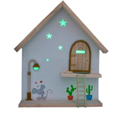 Kit souris Pérez Maison en bois Fait à la main. Brillez dans l'obscurité. Porte, lampadaire et échelle en bois à peindre et personnaliser+Tapis+Plaque+Quesito+étoiles lumineuses