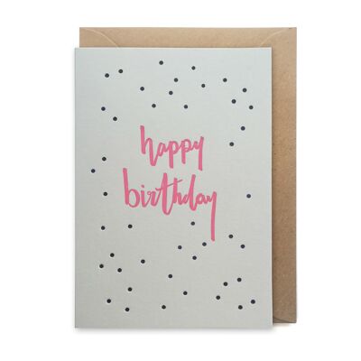 Tarjeta impresa tipográfica de lujo con puntos de feliz cumpleaños