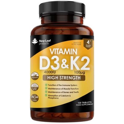 Vitamine D3 & K2 Comprimés D3 4000iu + Vitamine K2 100mcg - 4 Mois d'Approvisionnement