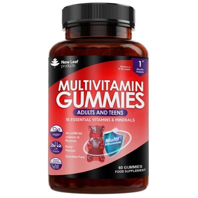 Multivitamin-Gummis für Erwachsene und Jugendliche, 16 essentielle, täglich kaubare Vitamine und Mineralien, vegan