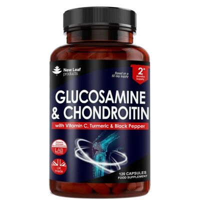 Glucosamina e condroitina ad alta concentrazione - Arricchito con vitamina C, curcuma e pepe nero 120 capsule ad alta concentrazione
