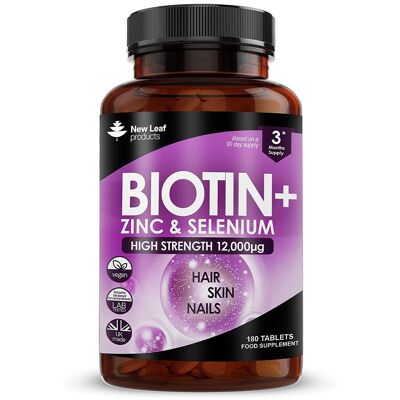 Biotin Hair Growth Vitamins 12,000mcg Enriquecido con zinc y selenio - 180 Vegan High Strength