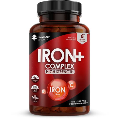 Iron Tablets Complex High Strength Active Iron Supplements + Vitamins C, B12 - 180 Tablets (6 Months Supply)