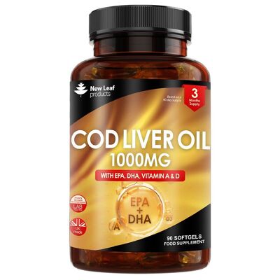 Cápsulas de aceite de hígado de bacalao 1000 mg - Rico en ácidos grasos Omega 3 EPA DHA + vitaminas A y D