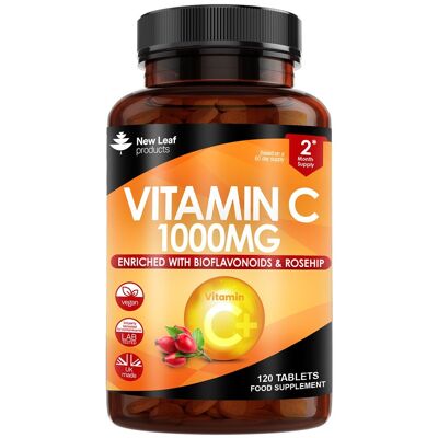 Tabletas de vitamina C 1000 mg - 120 suplementos de alta potencia + bioflavonoides, rosa mosqueta y ácido ascórbico