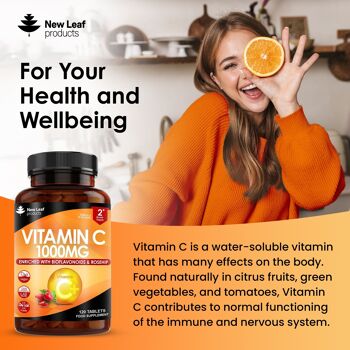 Comprimés de vitamine C 1000 mg - 120 suppléments à haute résistance + bioflavonoïdes, rose musquée et acide ascorbique 3