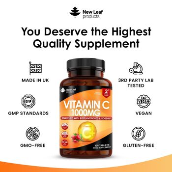 Comprimés de vitamine C 1000 mg - 120 suppléments à haute résistance + bioflavonoïdes, rose musquée et acide ascorbique 4