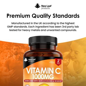 Comprimés de vitamine C 1000 mg - 120 suppléments à haute résistance + bioflavonoïdes, rose musquée et acide ascorbique 5