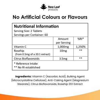 Comprimés de vitamine C 1000 mg - 120 suppléments à haute résistance + bioflavonoïdes, rose musquée et acide ascorbique 6