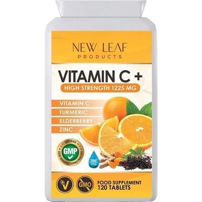 Complejo de alta resistencia de vitamina C + zinc 25 mg + saúco y curcumina de cúrcuma uno al día - 1225 mg por tableta