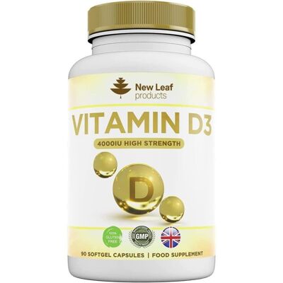 Vitamin D3 4000 IE, hohe Stärke und Saugfähigkeit – leicht zu schlucken, 90 Kapseln