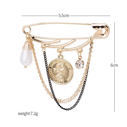 Big Coin and Pearl with Chain Tassels Brooch