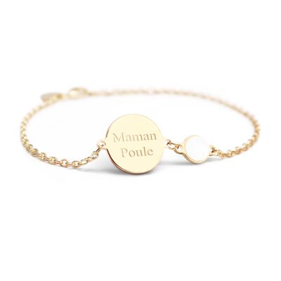 Pulsera de cadena medallón y nácar blanco para mujer con baño de oro - grabado MAMAN POULE