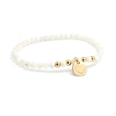 Women's white mother-of-pearl pearl and mini gold-plated charm bracelet - HEART engraving