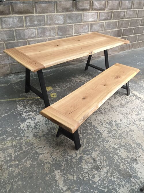 ROSS TABLE AND MARY BENCH Solid English Oak Dining Table and bench set, Natural edged.