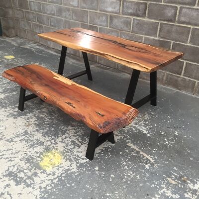 Dining Table and Bench From Ancient Yew, with Epoxy and Cast Iron Legs.