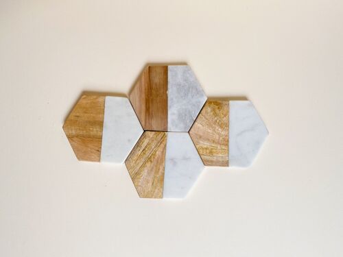 Hexagon Wood and Marble Coasters, Set of 4