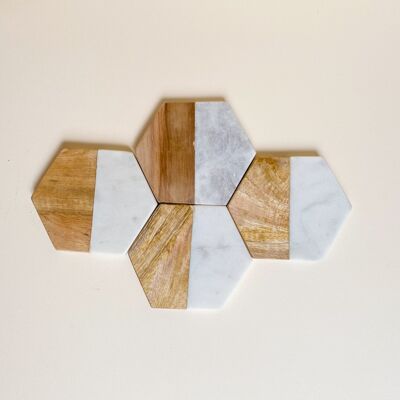 Hexagon Wood and Marble Coasters, Set of 4
