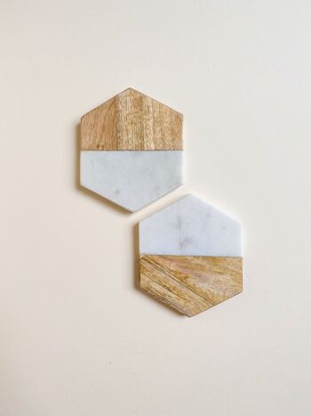 Hexagon Wood and Marble Coasters, Set of 4 3