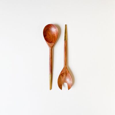 Acacia wood salad servers with brass handle