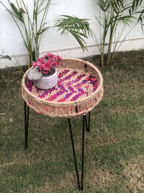 Metal Small Table chindi and jute weave