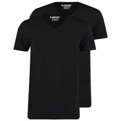 0222 Bio-Baumwolle Bodyfit 2er-Pack T-Shirt V-Ausschnitt - Schwarz