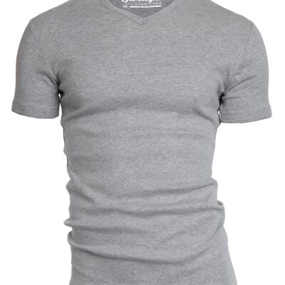 0302 SEMI BODYFIT T-Shirt V-Ausschnitt - Grau Melange