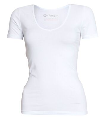 0702 T-shirt BODYFIT femme col V blanc