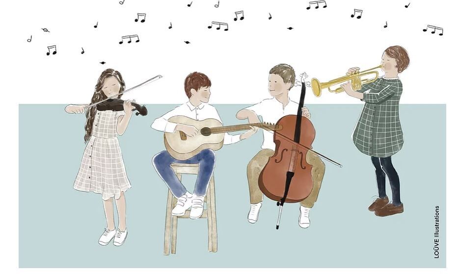 Alle in der Musik-Postkarte