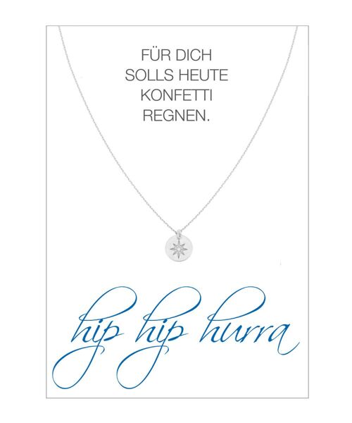 HERZ-KARTE Kette mit Coin Polarsternund Karte "hip hip hurra" Silber - 925 Sterlingsilber rhodiniert