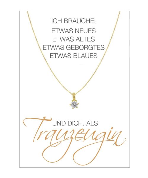 HERZ-KARTE Kette mit Solitär-Anhänger Zirkonia-Stein und Karte "Trauzeugin" Gold - 925 Sterlingsilber gelbvergoldet