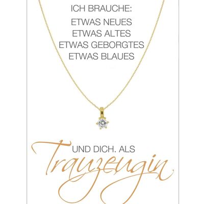 HERZ-KARTE Kette mit Solitär-Anhänger Zirkonia-Stein und Karte "Trauzeugin" Gold - 925 Sterlingsilber gelbvergoldet