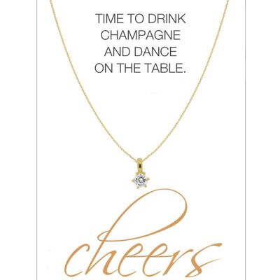 HERZ-KARTE Kette mit Solitär-anhänger Zirkonia-Stein und Karte "cheers" Gold - 925 Sterlingsilber gelbvergoldet